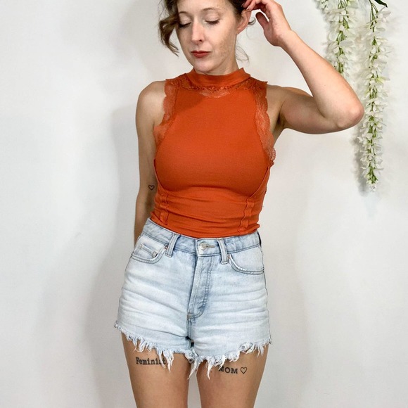 Free People Tops - FREE PEOPLE sleeveless knit lace tank open back mock neck burnt sienna 2514